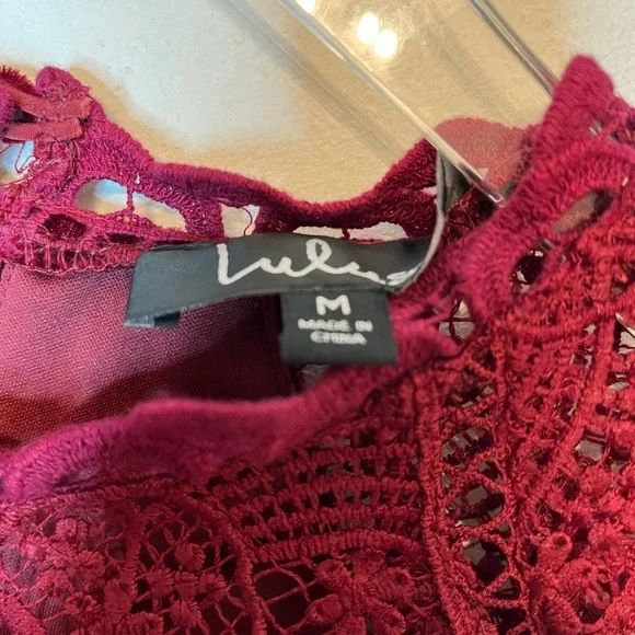 Lulu’s Love Me Always Burgundy Crocheted Lace Velvet Shift Dress - Picture 10 of 10